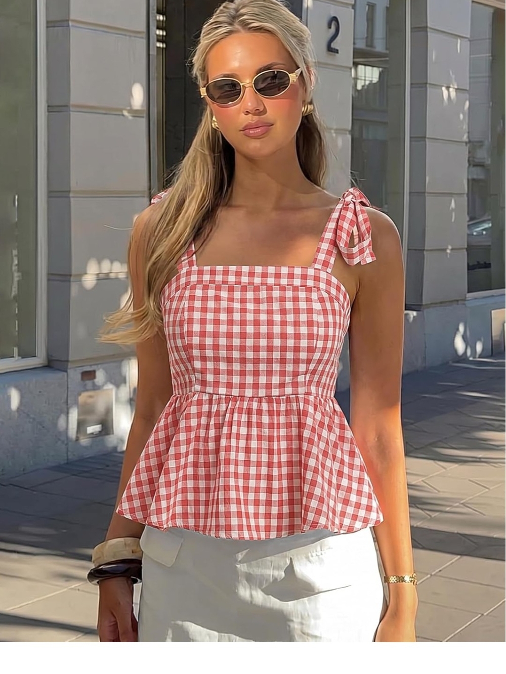 Gingham Tie-Shoulder Peplum Tank Top - Red/White